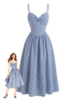 Blaues 40er Kleid mit Gingham und Spaghettiträgern