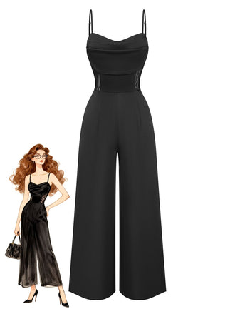 Schwarzer 50er Jumpsuit mit Spitzen-Taille und Cut-out