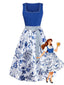 Blaues 50er Oktoberfest-Dirndl-Set mit Karree-Kleid und Blumenschürze