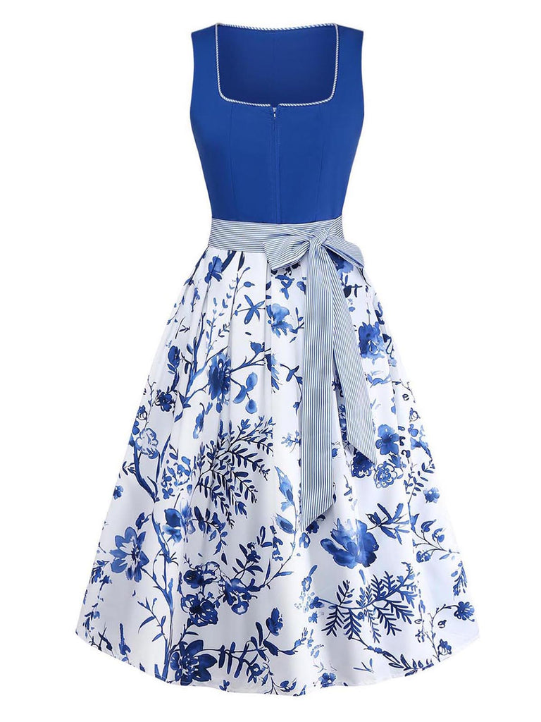 Blaues 50er 3PCS Kleid mit Blumen-Schürze