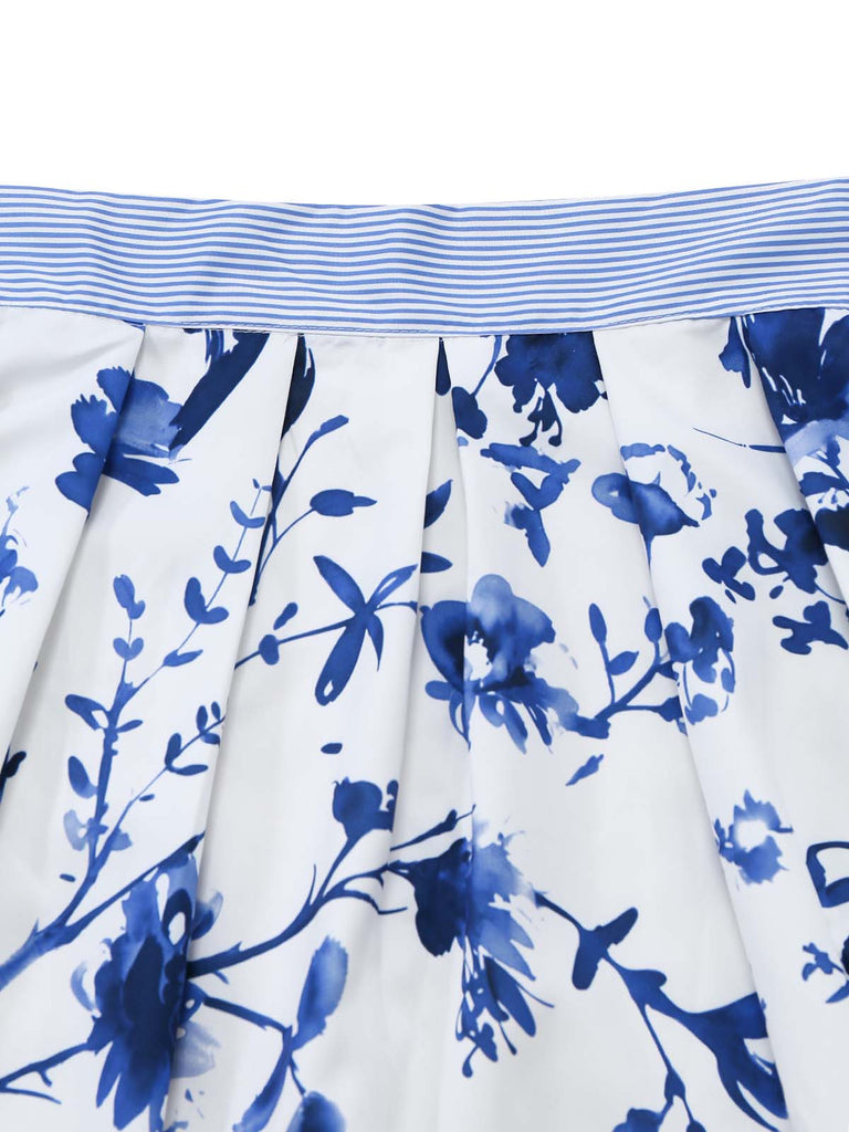 Blaues 50er 3PCS Kleid mit Blumen-Schürze