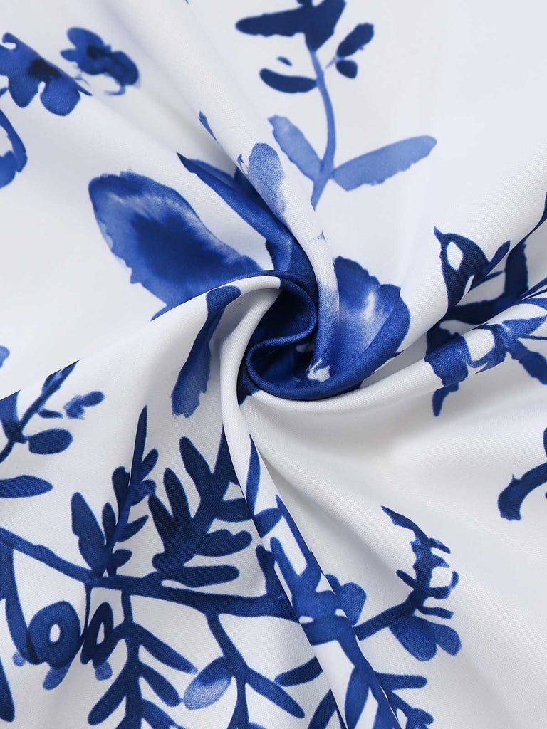 Blaues 50er 3PCS Kleid mit Blumen-Schürze