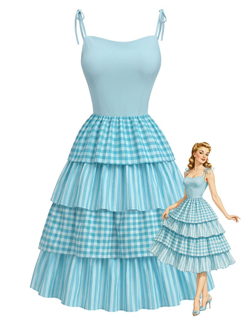 Blaues 50er Baumwoll-Kleid mit Gingham und Bindeband
