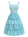 Blaues 50er Baumwoll-Kleid mit Gingham und Bindeband