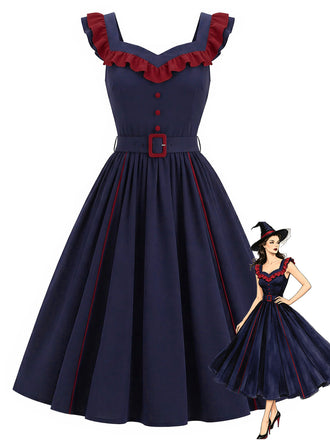 [Vorverkauf] Dunkelblaues 80er Swingkleid mit Rüschen und Gürtel
