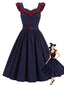 [Vorverkauf] Dunkelblaues 80er Swingkleid mit Rüschen und Gürtel