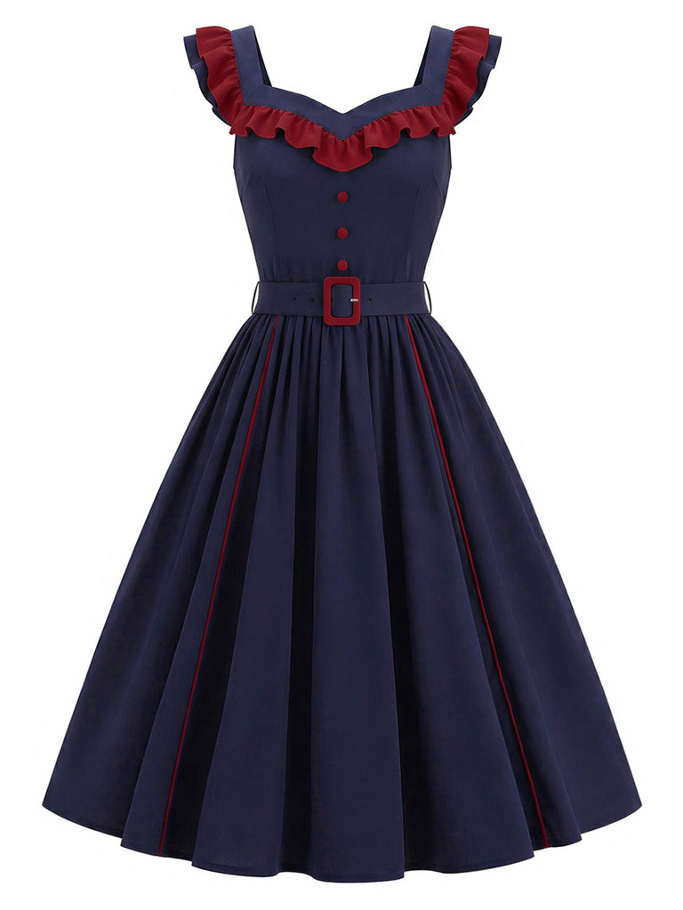 [Vorverkauf] Dunkelblaues 80er Swingkleid mit Rüschen und Gürtel
