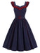 [Vorverkauf] Dunkelblaues 80er Swingkleid mit Rüschen und Gürtel