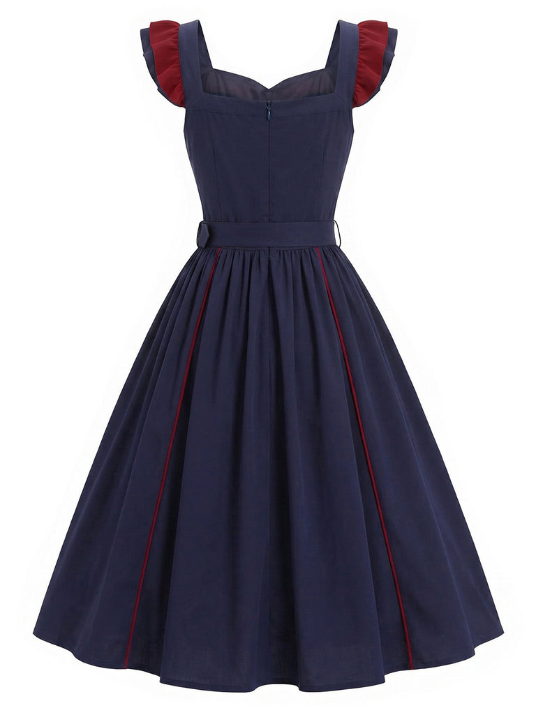 [Vorverkauf] Dunkelblaues 80er Swingkleid mit Rüschen und Gürtel
