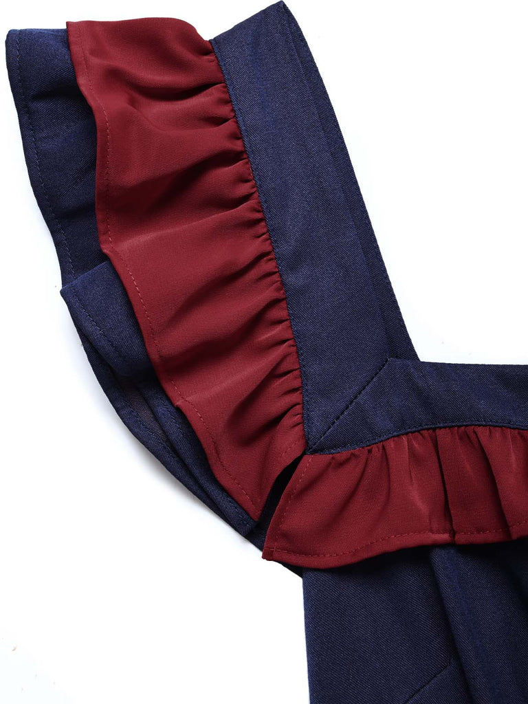 [Vorverkauf] Dunkelblaues 80er Swingkleid mit Rüschen und Gürtel