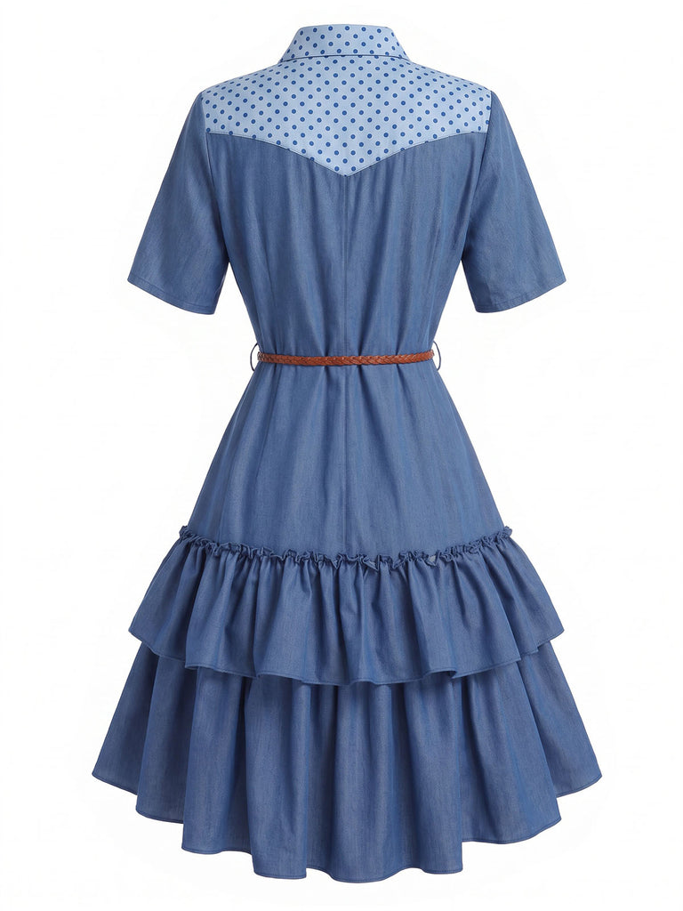 Dunkelblaues 60er Jeanskleid mit Rosen und Rüschen