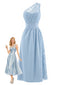 [Vorverkauf] Hellblaues 60er One-Shoulder-Kleid mit Spitze und Raffung