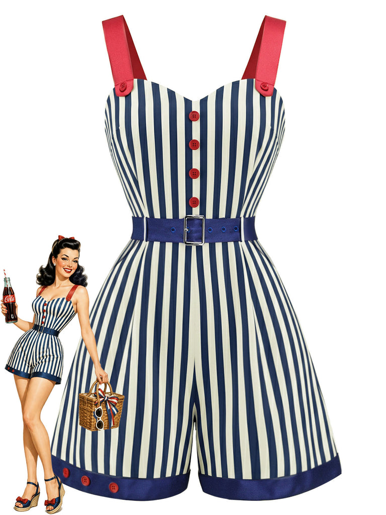 Blauer & Roter 50er Romper mit Farbblock und Streifen