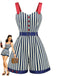 Blauer & Roter 50er Romper mit Farbblock und Streifen