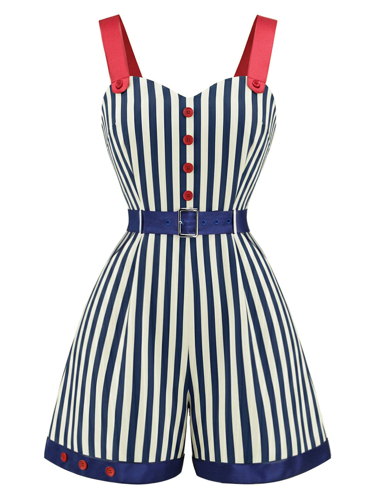 Blauer & Roter 50er Romper mit Farbblock und Streifen