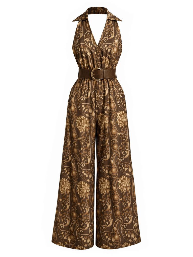 Brauner 70er Boho Jumpsuit mit Blumen
