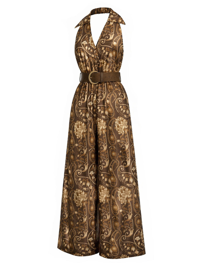 Brauner 70er Boho Jumpsuit mit Blumen