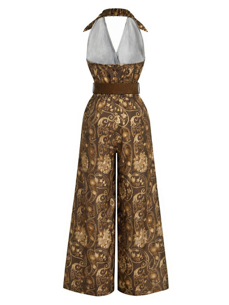 Brauner 70er Boho Jumpsuit mit Blumen