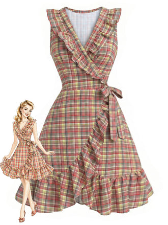 Mehrfarbiges 70er Kleid mit V-Ausschnitt und Rüschen