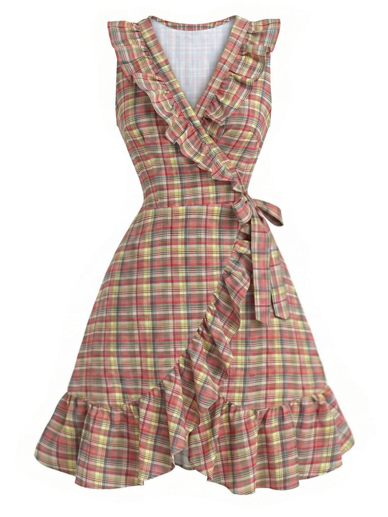 Mehrfarbiges 70er Kleid mit V-Ausschnitt und Rüschen