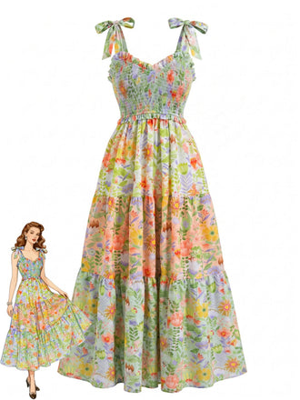 30er Maxikleid mit Blumen und Bindeträgern