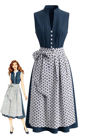 Blaues 50er 2PCS Trägerkleid mit Blumen-Schürze