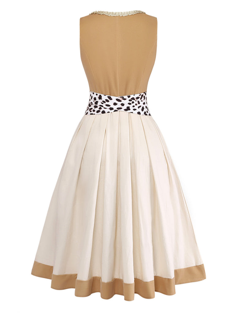 Leoparden-Printes & Khaki 50er Kleid mit Eckiger Ausschnitt
