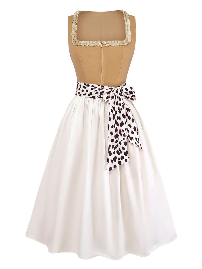 Leoparden-Printes & Khaki 50er Kleid mit Eckiger Ausschnitt