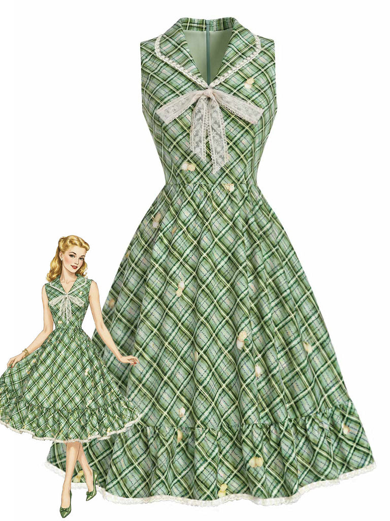 Grünes 40er Swingkleid mit Schleife und Gingham