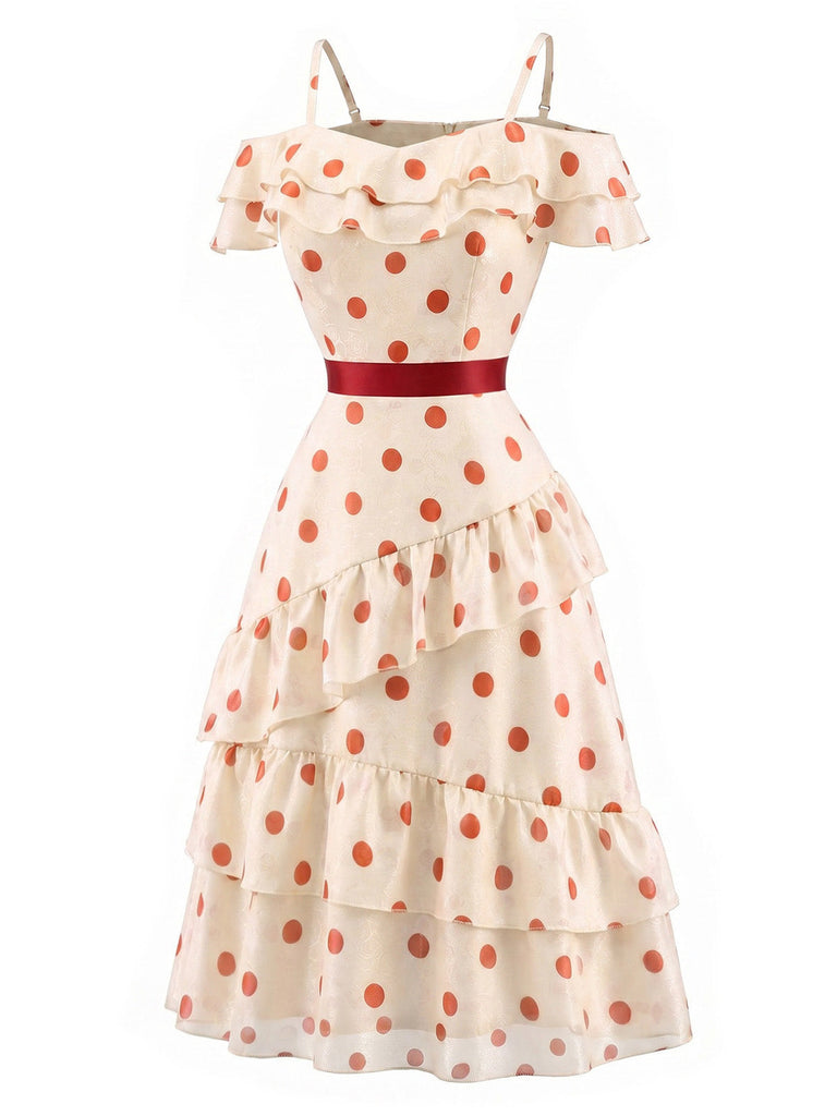 Creme-Rotes 60er Teekleid mit Polka-Dots
