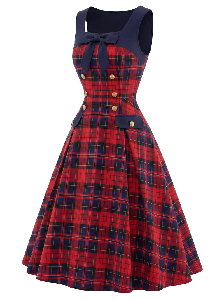 50er Tartankleid mit Schleife und eckigem Ausschnitt