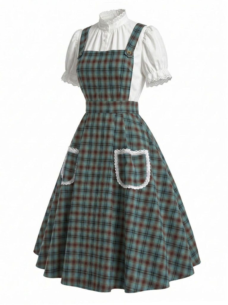 Weißes & Grünes 50er Kleid mit Karo und Spitze