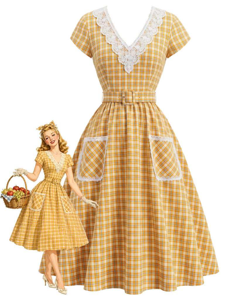 40er Kleid mit V-Ausschnitt und Karo