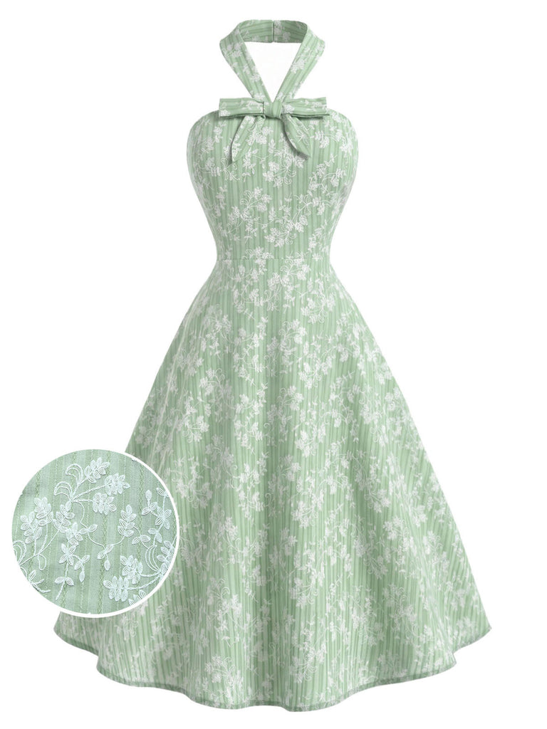Grünes & Mintgrünes 40er Baumwoll-Swingkleid mit Neckholder und Blumen