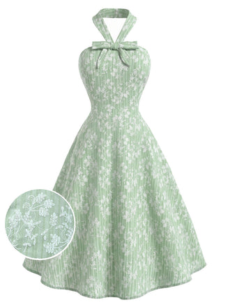 Grünes & Mintgrünes 40er Baumwoll-Swingkleid mit Neckholder und Blumen