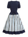 Blaues 50er Set mit Bluse und Streifenrock