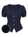 Blaue 50er Bluse mit Kurzarm und Reverskragen