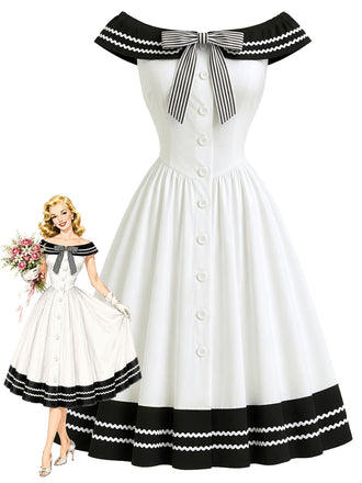 Schwarz-Weisses 50er Kleid mit Carmen-Ausschnitt