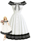 [Vorverkauf] Schwarz-Weißes 50er Carmenkleid mit Streifen und Schleife