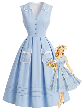 Blaues 50er Ärmelloses Kleid mit Schleife und Tasche