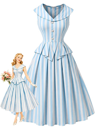 Blaues 50er Kleid mit Schalkragen und Streifen