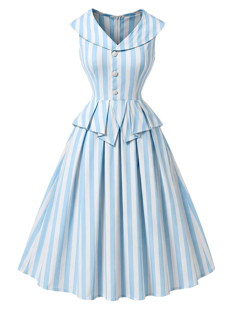 Blaues 50er Kleid mit Schalkragen und Streifen