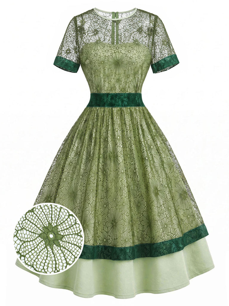 Grünes & Graues 40er Kleid mit Blumen und Patchwork