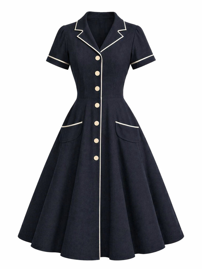 Blaues 50er Kleid mit Reverskragen und Kerbe