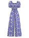 Blauer 50er Bohemian Jumpsuit mit Puffärmel und Rundhalsausschnitt