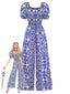 Blauer 50er Boho-Jumpsuit mit Blumen und Puffärmeln