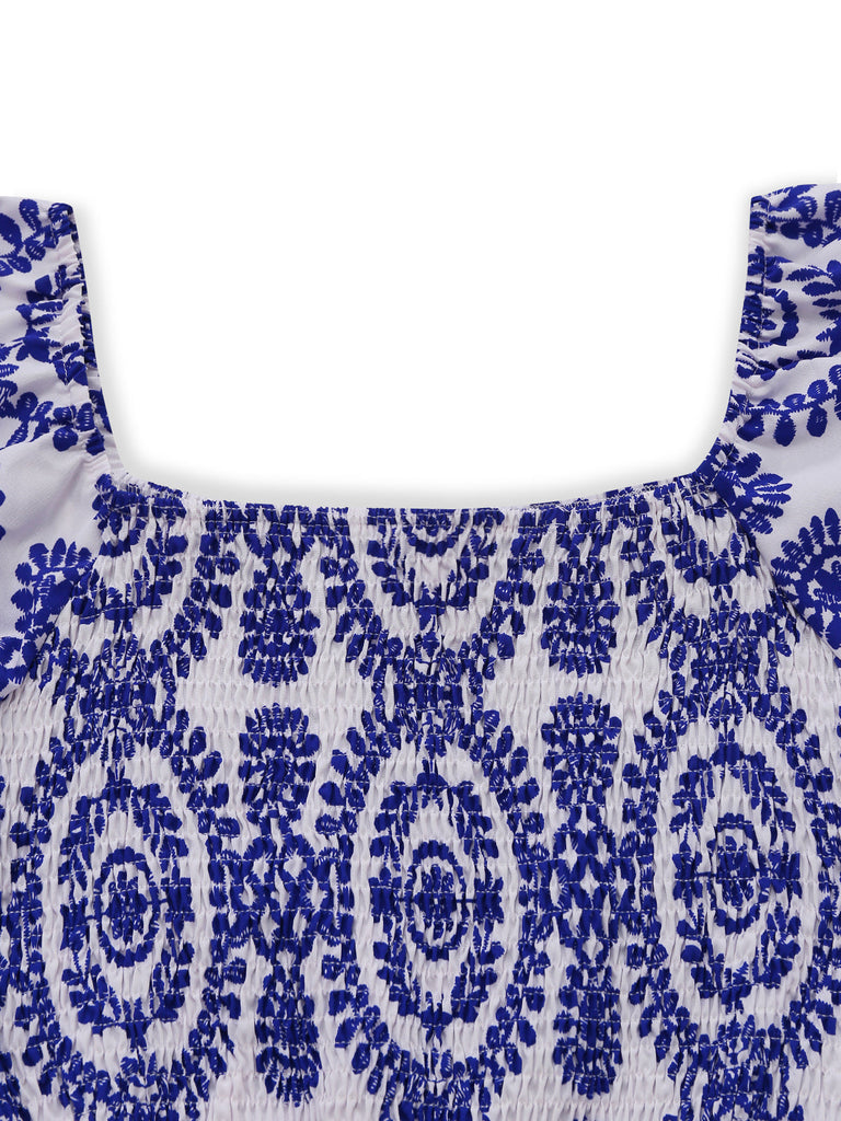 Blauer 50er Bohemian Jumpsuit mit Puffärmel und Rundhalsausschnitt
