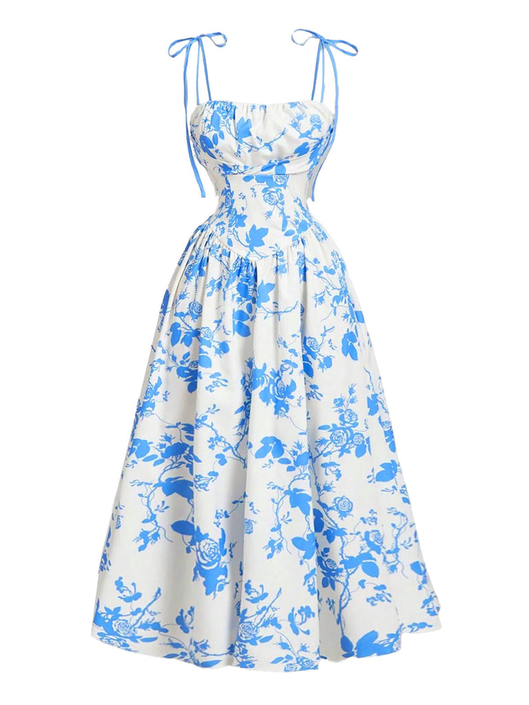 50er Midikleid mit Blumen-Print und Bindeträgern