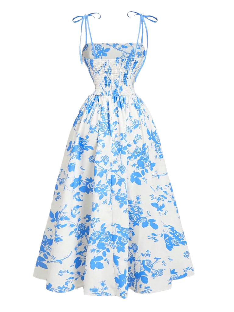 50er Midikleid mit Blumen-Print und Bindeträgern