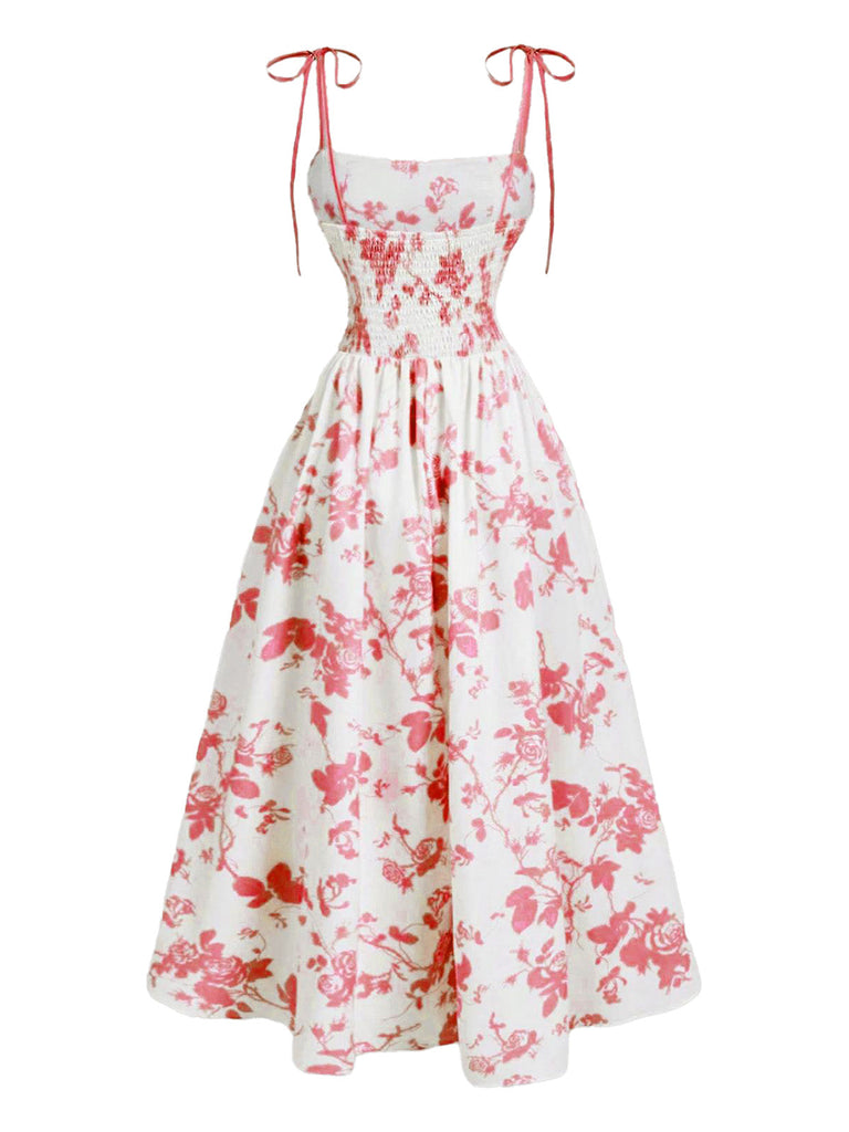 50er Midikleid mit Blumen-Print und Bindeträgern